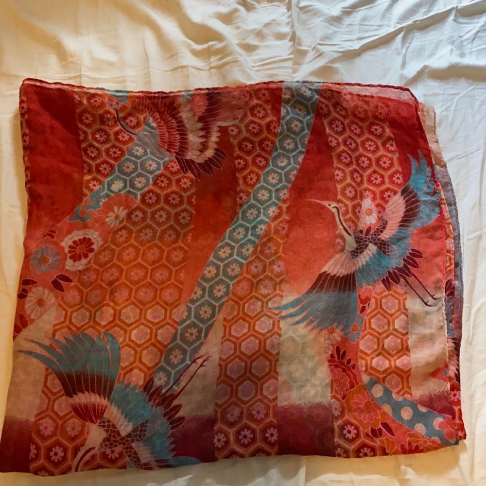 Cotton Scarf Red with Crane Design